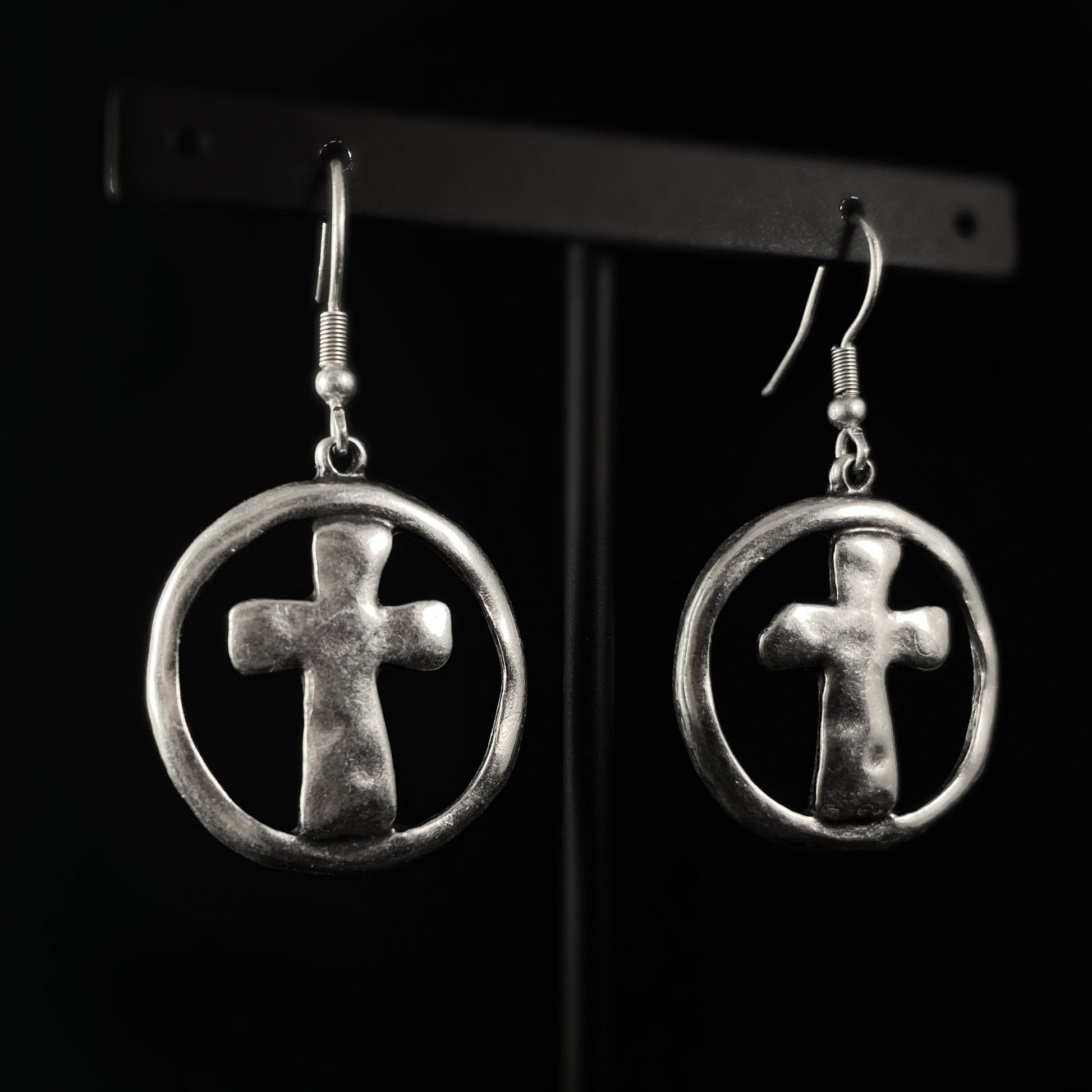 Silver Circle Cross Drop Earrings, Handmade, Nickel Free - Elegant Minimalist Jewelry for Women