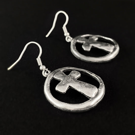 Silver Circle Cross Drop Earrings, Handmade, Nickel Free - Elegant Minimalist Jewelry for Women