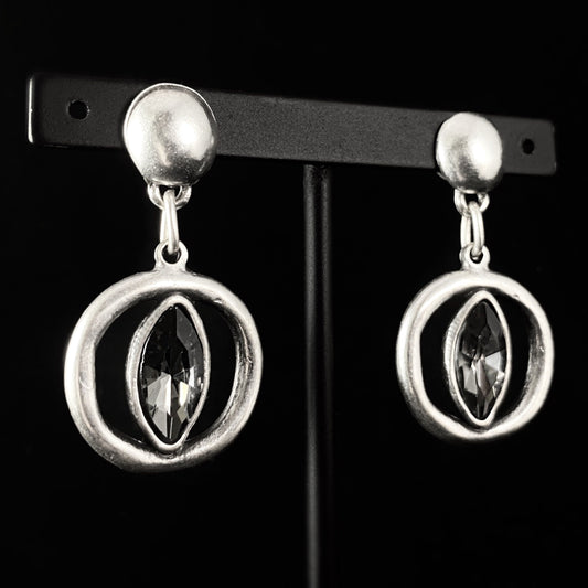 Silver Circle Drop Earrings with Gray Crystal, Handmade, Nickel Free - Noir