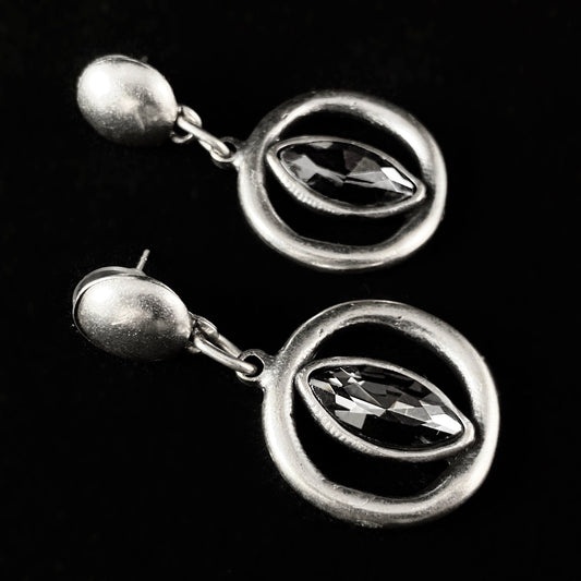 Silver Circle Drop Earrings with Gray Crystal, Handmade, Nickel Free - Noir