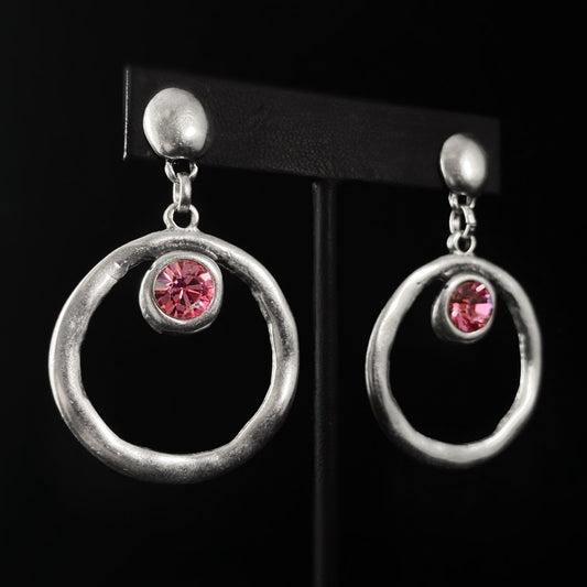 Silver Circle Drop Earrings With Pink Crystals, Handmade, Nickel Free -Noir