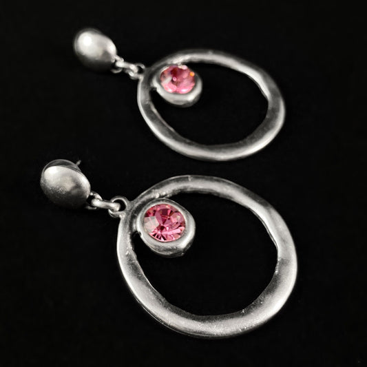 Silver Circle Drop Earrings With Pink Crystals, Handmade, Nickel Free -Noir