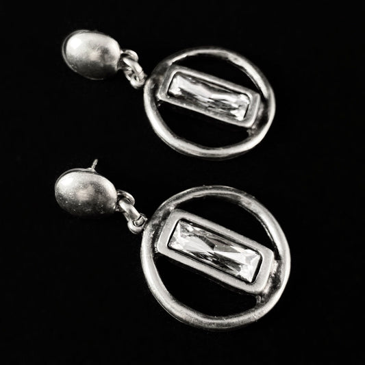Silver Circle Drop Earrings with Rectangular Clear Crystal, Handmade, Nickel Free - Noir