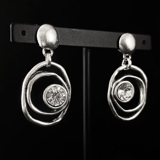 Silver Concentric Circle Drop Earrings With Clear Crystal Accent, Handmade, Nickel Free -Noir