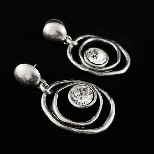 Silver Concentric Circle Drop Earrings With Clear Crystal Accent, Handmade, Nickel Free -Noir