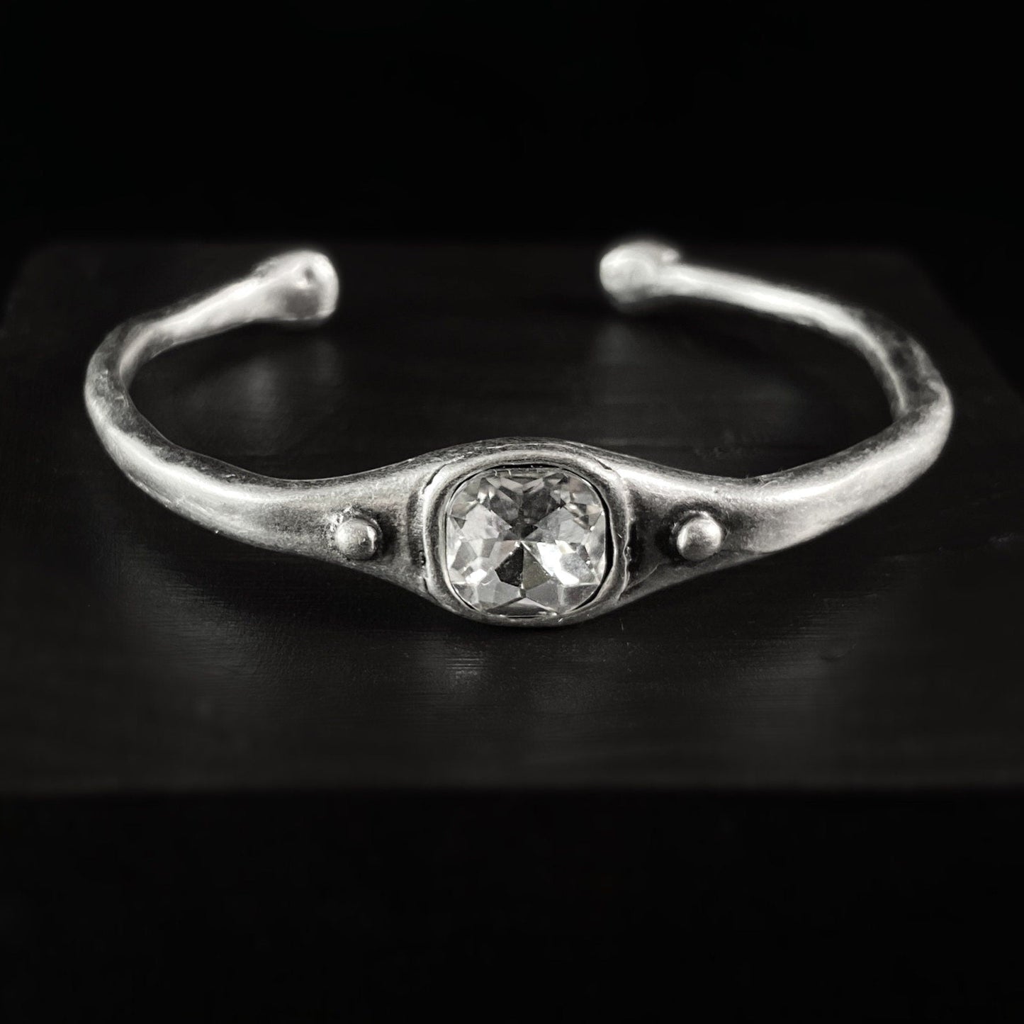 Silver Cuff Bracelet with Clear Crystal, Handmade, Nickel Free