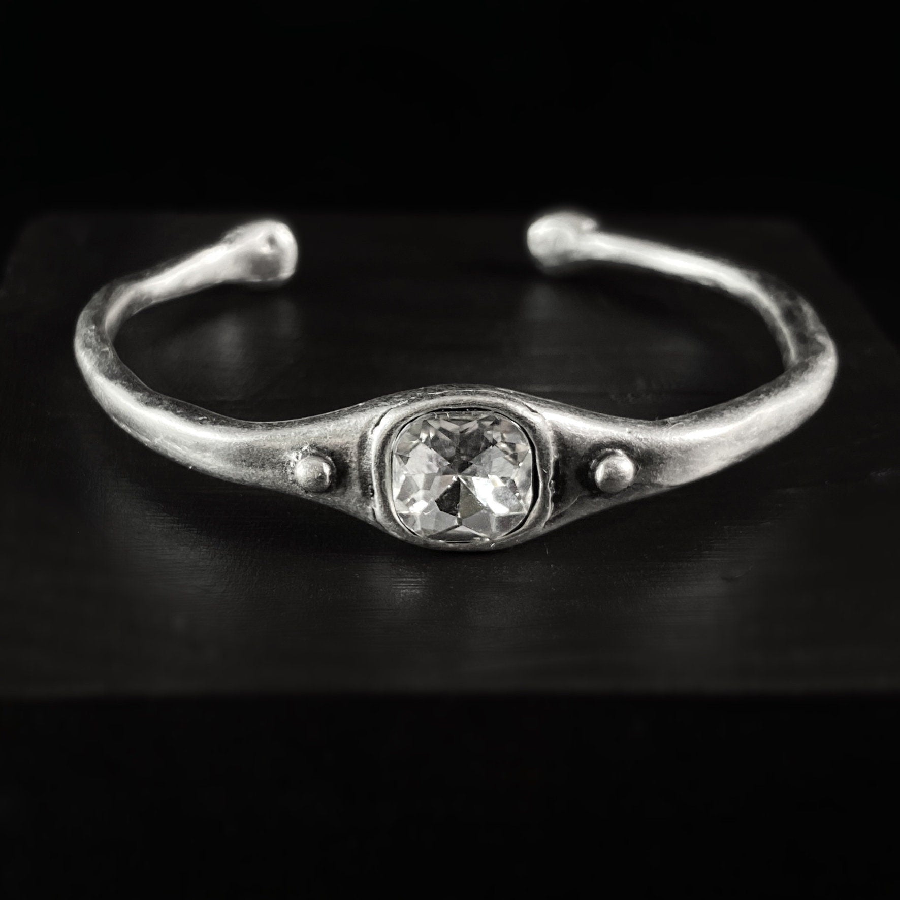 Silver Cuff Bracelet with Clear Crystal, Handmade, Nickel Free