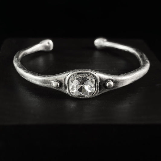 Silver Cuff Bracelet with Clear Crystal, Handmade, Nickel Free