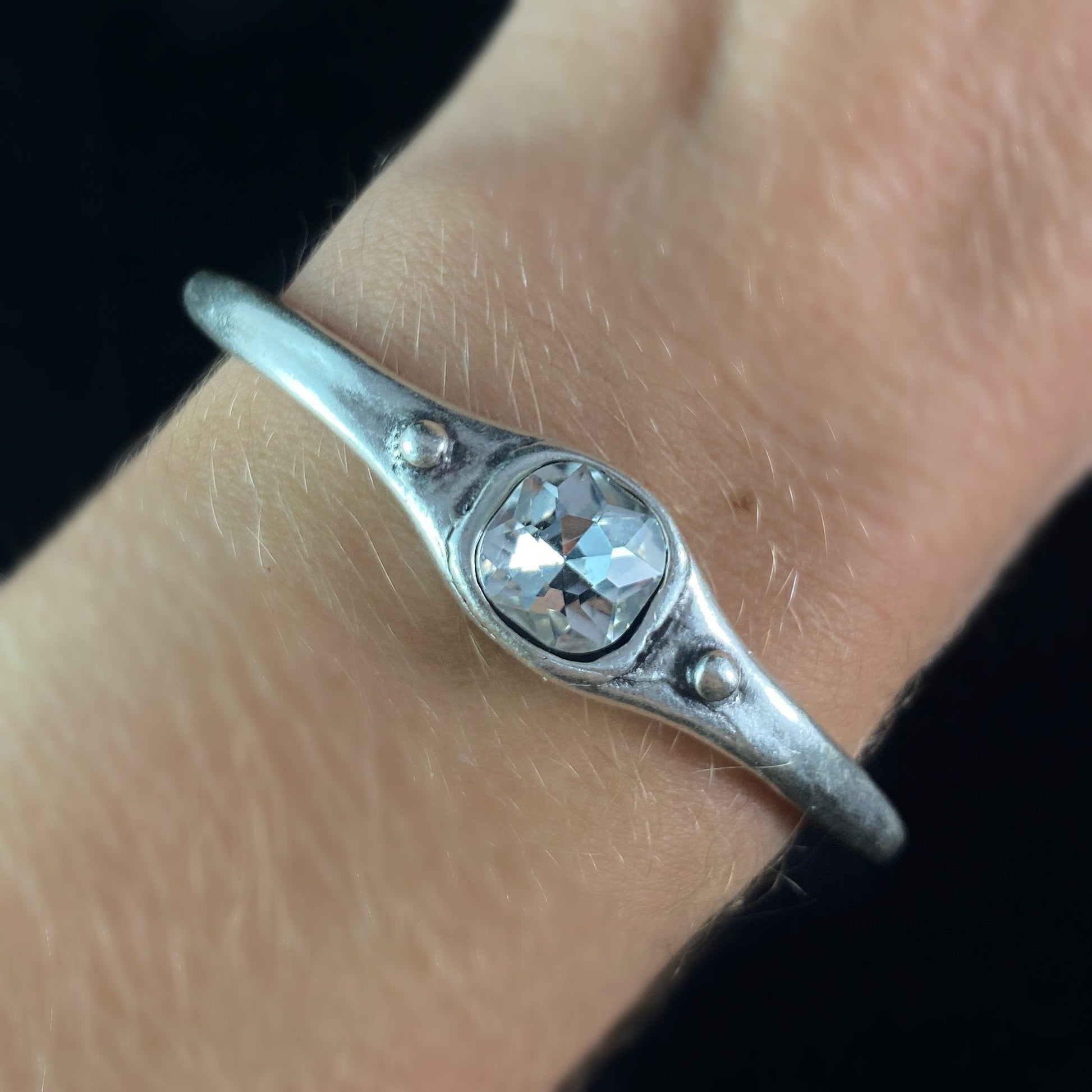 Silver Cuff Bracelet with Clear Crystal, Handmade, Nickel Free