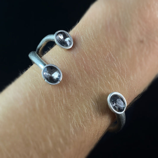 Silver Cuff Bracelet with Gray Crystal Accents, Handmade, Nickel Free - Noir