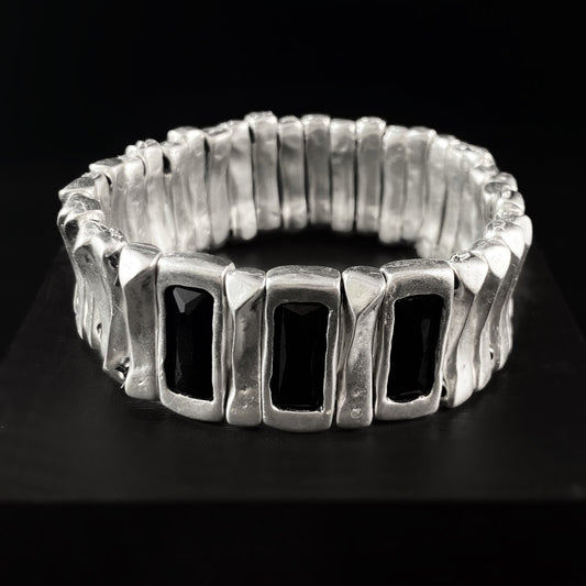 Silver Cuff Chunky Stretch Bracelet with Black Crystal Accents, Handmade, Nickel Free - Noir