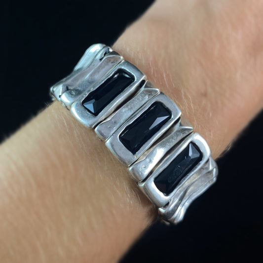 Silver Cuff Chunky Stretch Bracelet with Black Crystal Accents, Handmade, Nickel Free - Noir