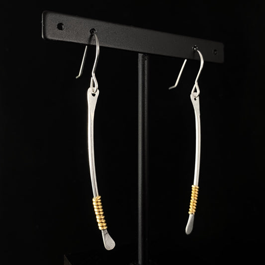 Silver Curved Bar Earrings with Gold Coils, Handmade - Recycled Materials