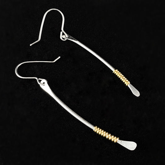 Silver Curved Bar Earrings with Gold Coils, Handmade - Recycled Materials