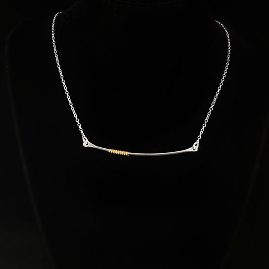 Silver Curved Bar Necklace with Gold Coils, Handmade - Recycled Materials