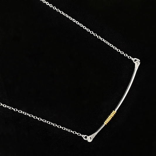 Silver Curved Bar Necklace with Gold Coils, Handmade - Recycled Materials