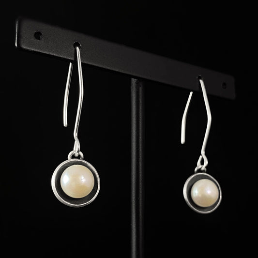 Silver Disc Earrings with Pearls, Handmade - Recycled Materials