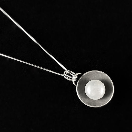 Silver Disc Necklace with Freshwater Pearl, Handmade - Recycled Materials