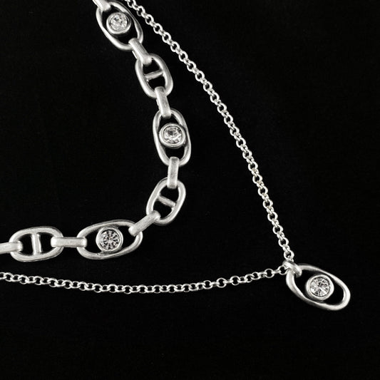 Silver Double Strand Necklace with Clear Crystals, Handmade, Nickel Free
