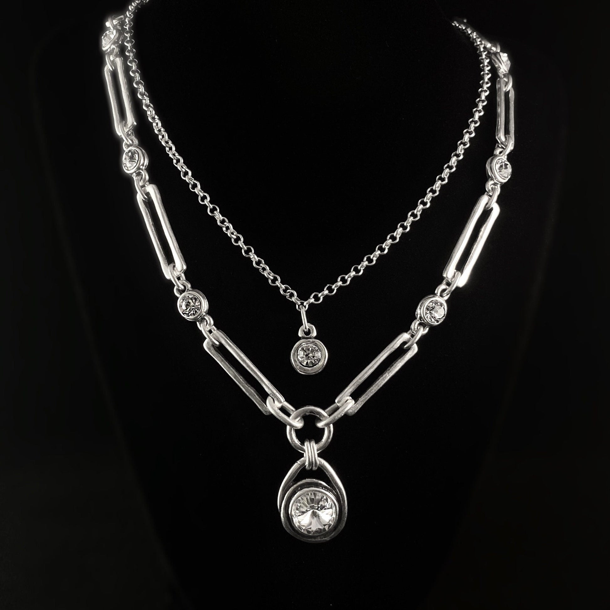 Silver Double Strand Necklace with Clear Crystals, Handmade, Nickel Free
