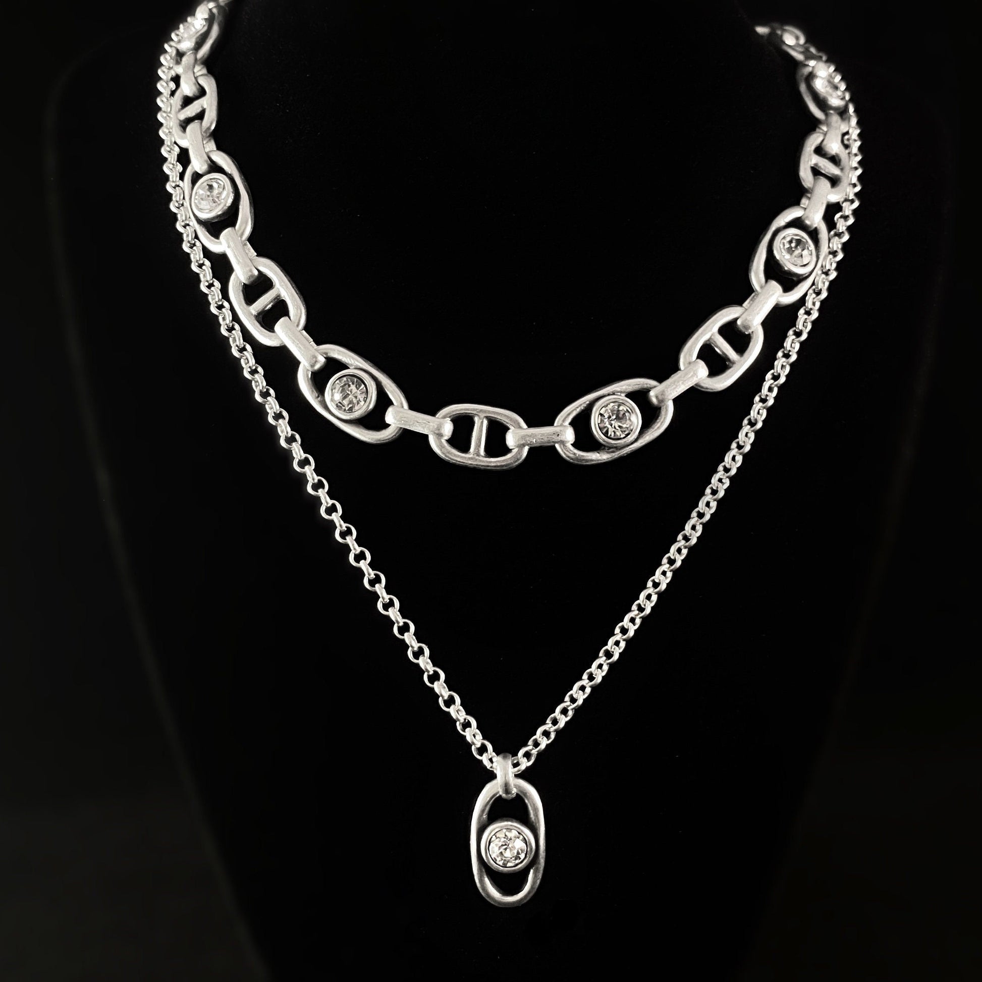 Silver Double Strand Necklace with Clear Crystals, Handmade, Nickel Free