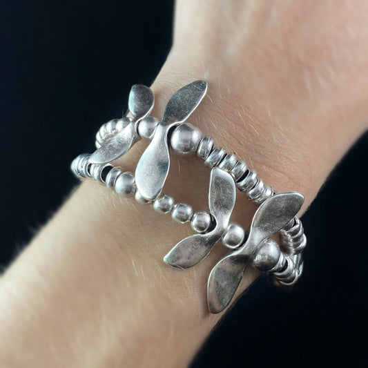 Silver Dragonfly Bracelet with Crystal Detailing and Leather Closure, Handmade, Nickel Free