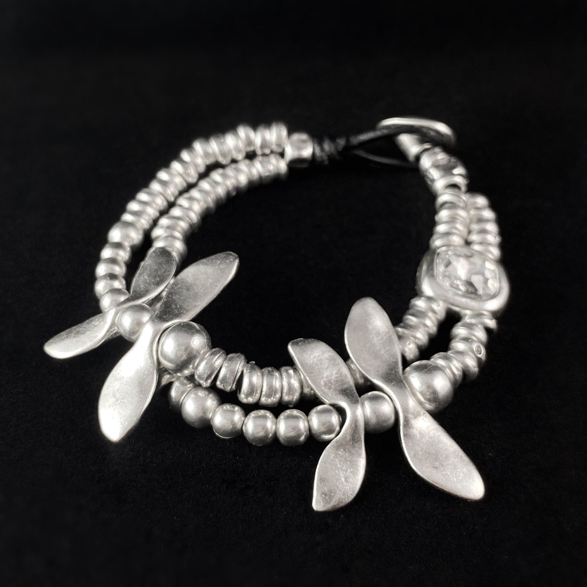 Silver Dragonfly Bracelet with Crystal Detailing and Leather Closure, Handmade, Nickel Free