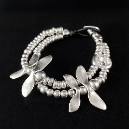 Silver Dragonfly Bracelet with Crystal Detailing and Leather Closure, Handmade, Nickel Free