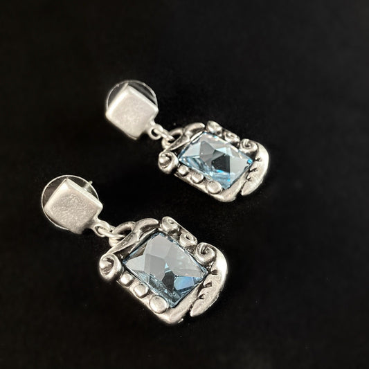 Silver Drop Earrings with Blue Crystal, Handmade, Nickel Free