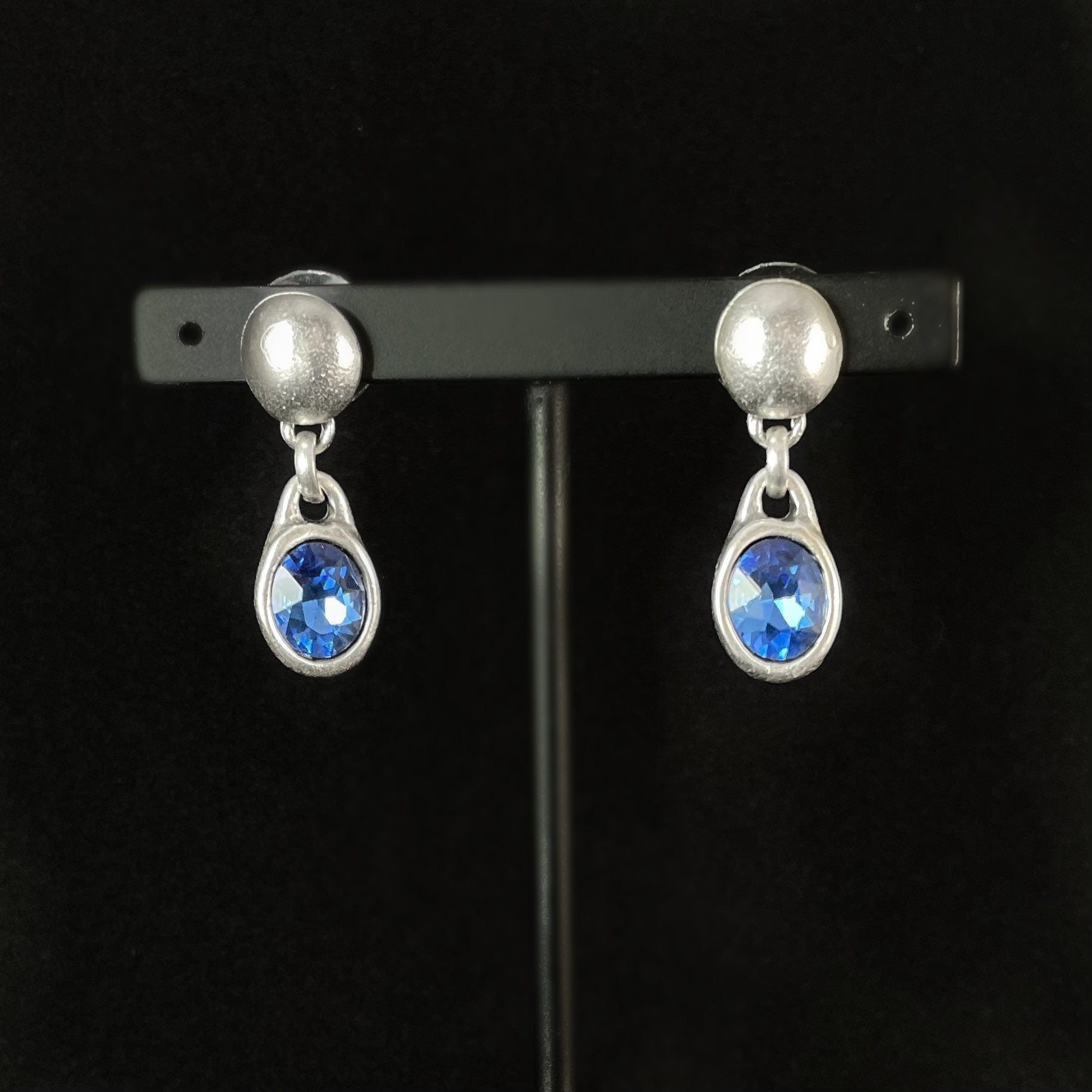 Silver Drop Earrings with Blue Crystal, Handmade, Nickel Free