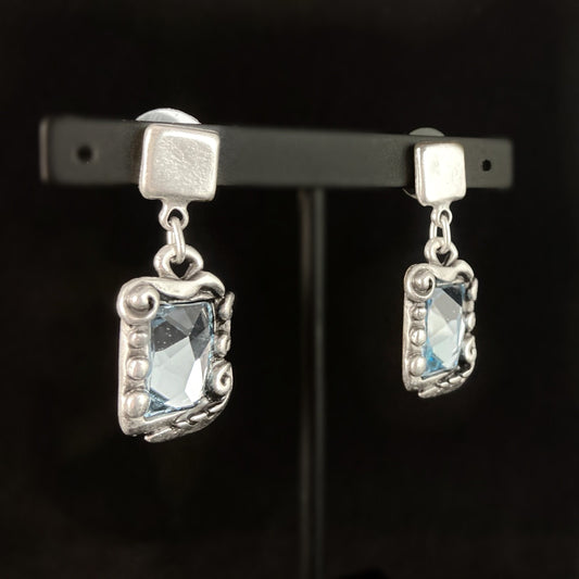 Silver Drop Earrings with Blue Crystal, Handmade, Nickel Free