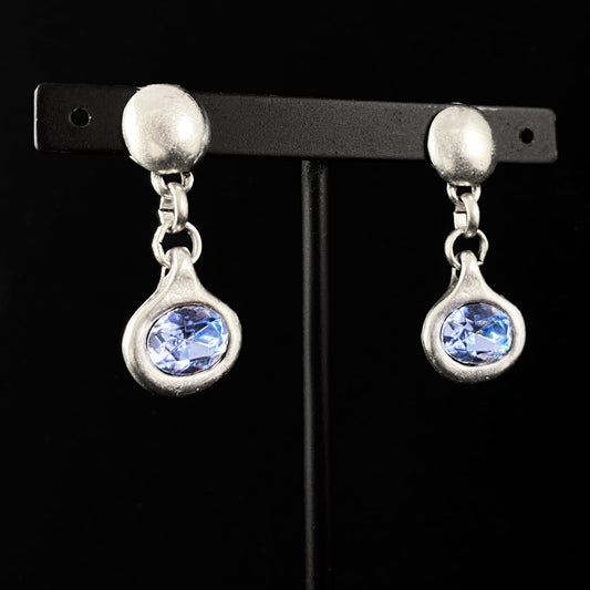 Silver Drop Earrings with Blue Crystal, Handmade, Nickel Free - Noir
