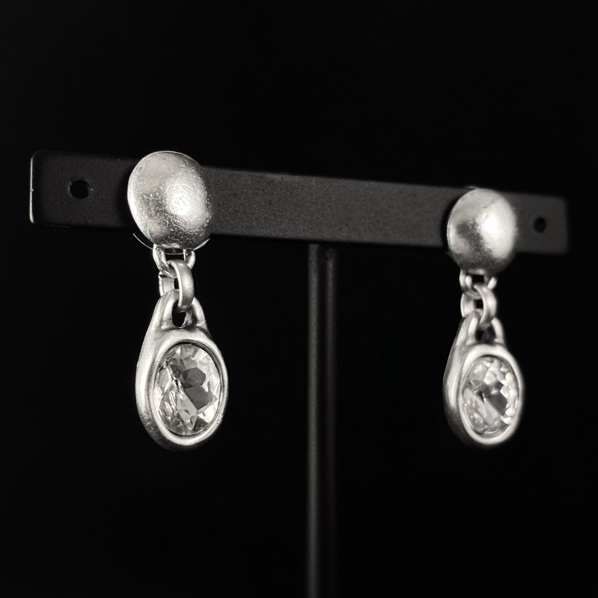 Silver Drop Earrings with Clear Crystal, Handmade, Nickel Free