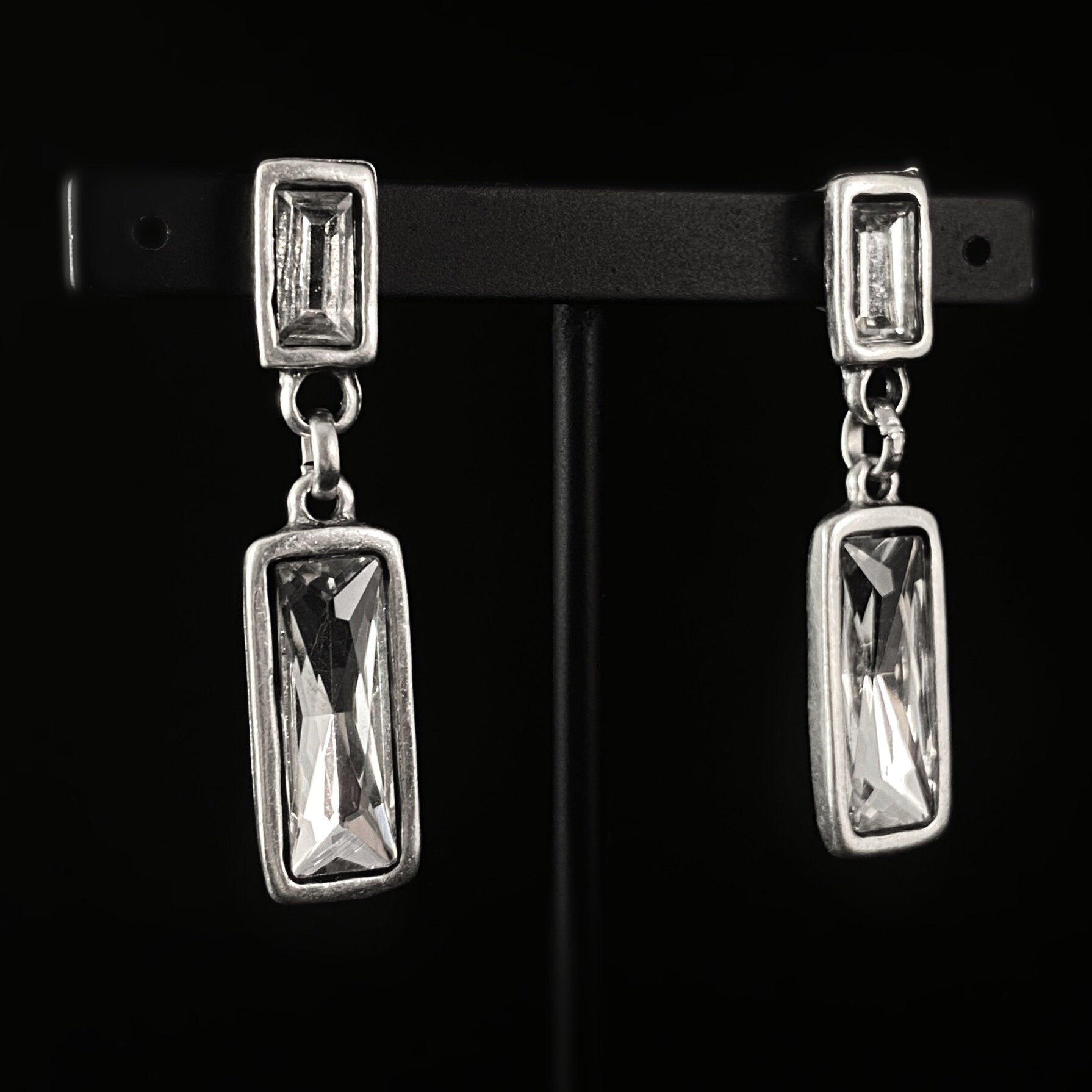 Silver Drop Earrings with Clear Rectangle Crystals, Handmade, Nickel Free - Noir