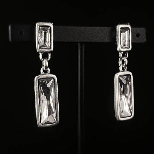 Silver Drop Earrings with Clear Rectangle Crystals, Handmade, Nickel Free - Noir