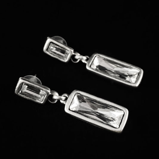 Silver Drop Earrings with Clear Rectangle Crystals, Handmade, Nickel Free - Noir