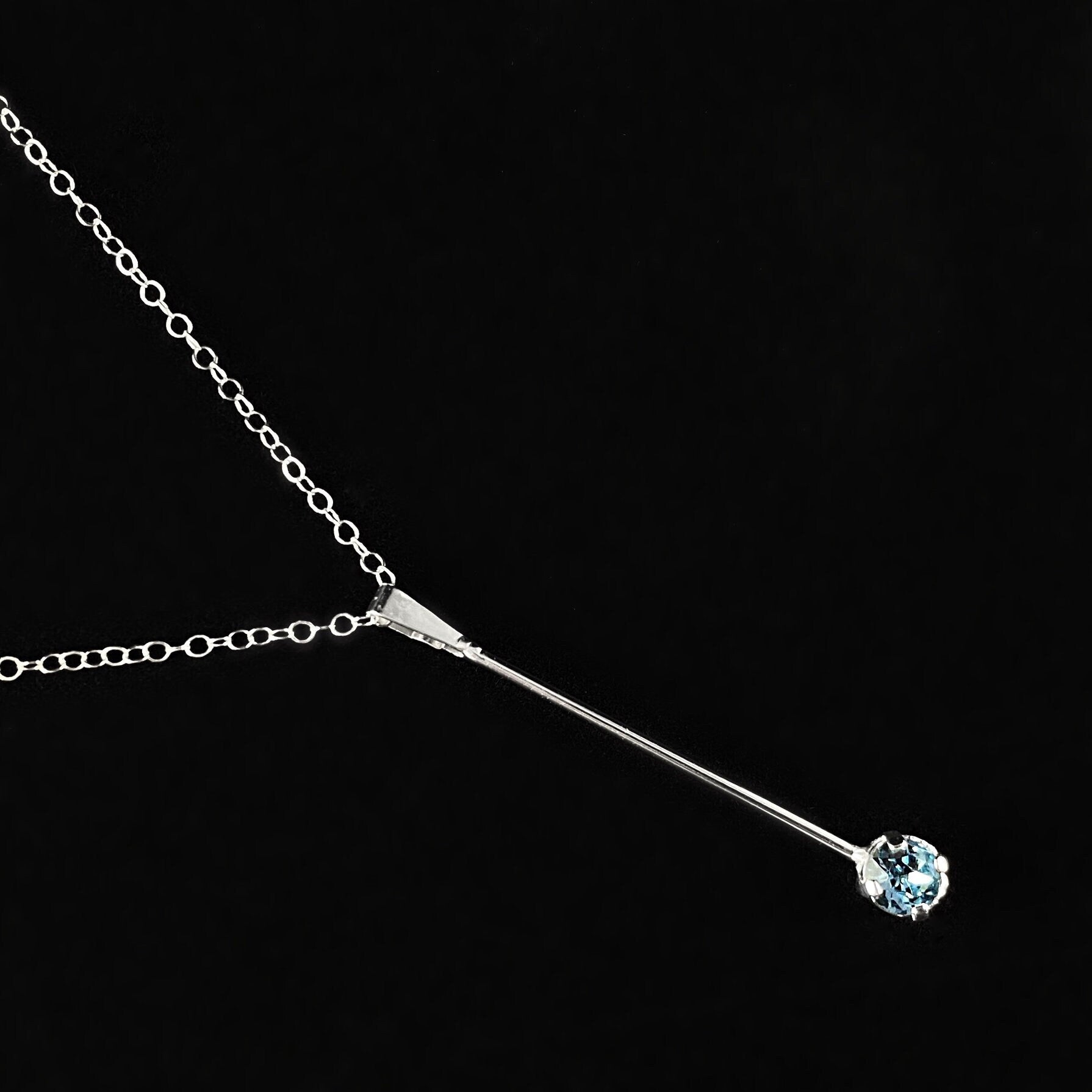 Silver Drop Statement Pendant With Light Blue Crystal Accent on Dainty Silver Chain Necklace - Handmade, Nickel Free - Ulla