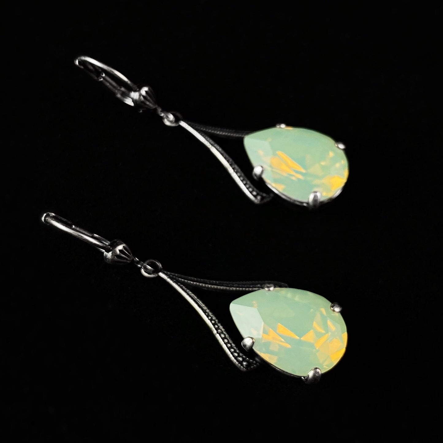 Silver Earrings with Milky Opal Teardrop Cut Swarovski Crystals and Silver Accents - La Vie Parisienne by Catherine Popesco