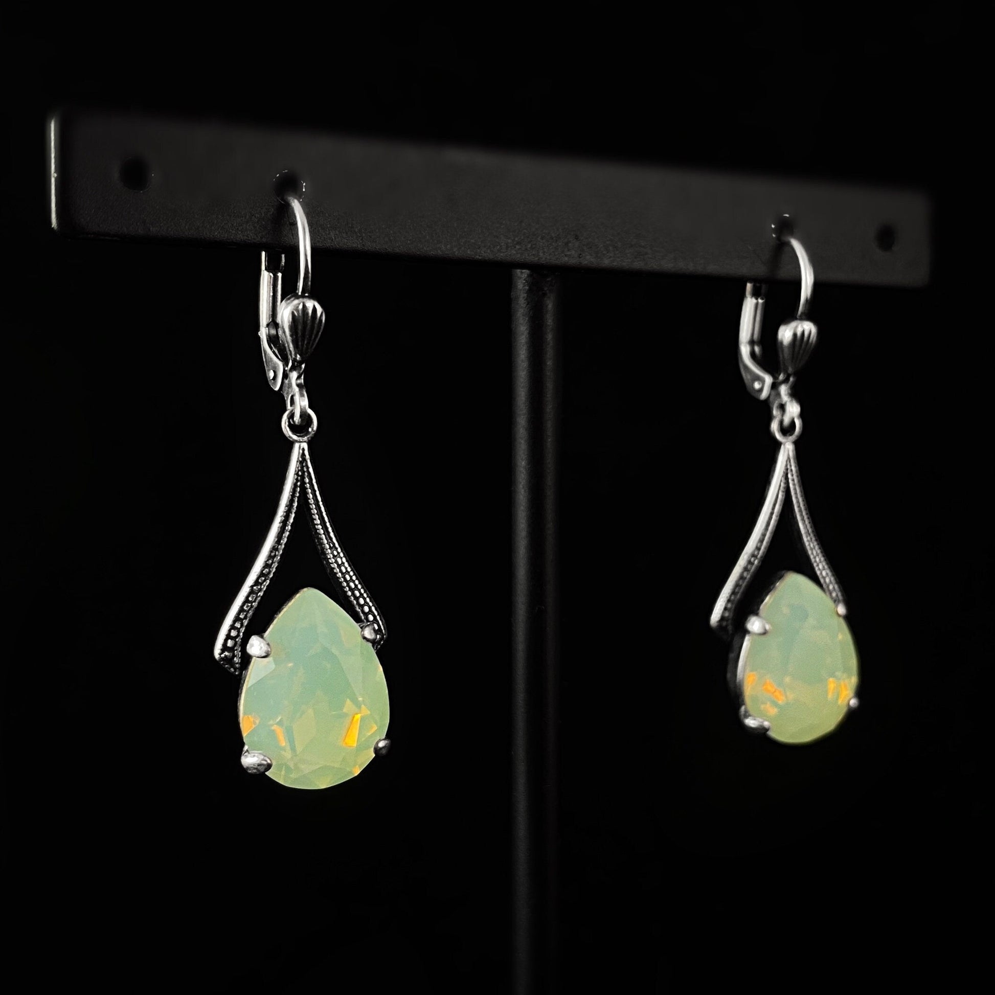 Silver Earrings with Milky Opal Teardrop Cut Swarovski Crystals and Silver Accents - La Vie Parisienne by Catherine Popesco