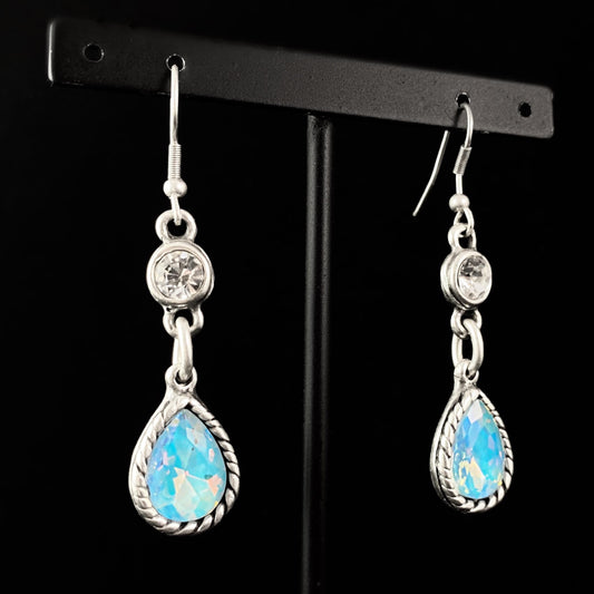 Silver Earrings with Teardrop Blue Opal Crystal, Handmade, Nickel Free - Noir