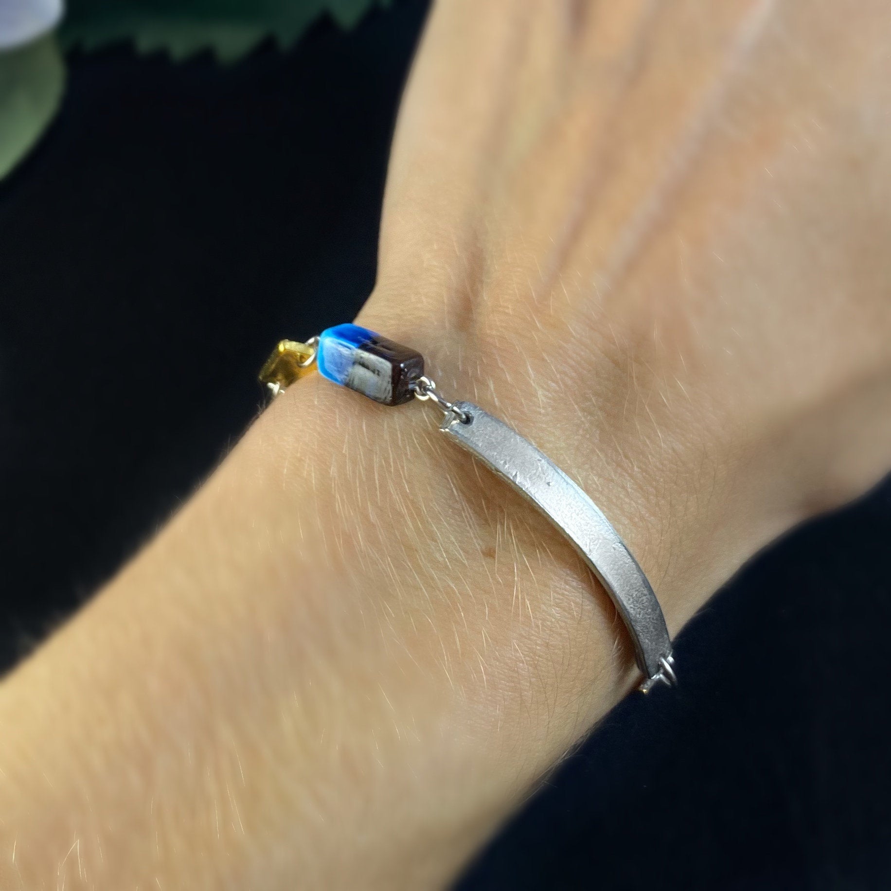 Silver, Gold and Blue Glass Beaded Bracelet - Handmade in Canada, Anne-Marie Chagnon Jewelry