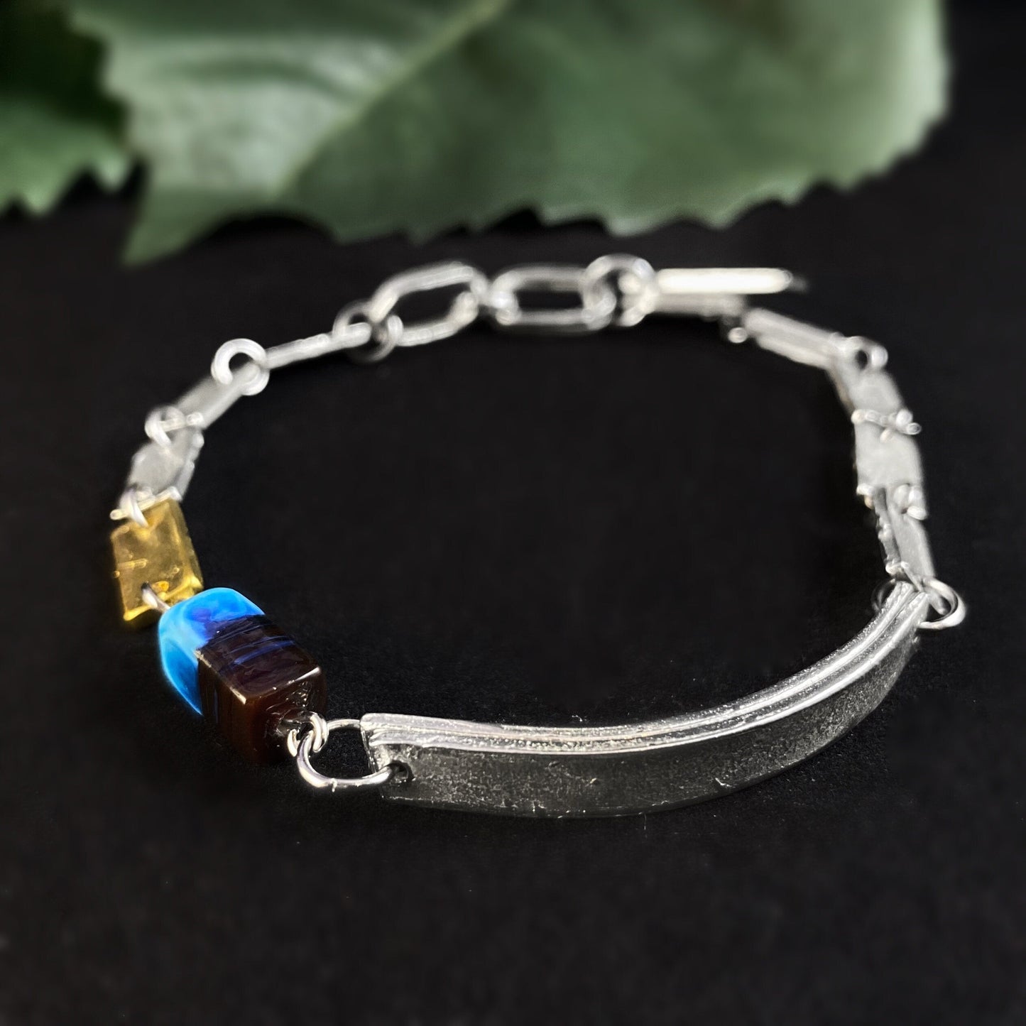 Silver, Gold and Blue Glass Beaded Bracelet - Handmade in Canada, Anne-Marie Chagnon Jewelry
