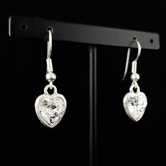 Silver Heart Crystal Drop Earrings, Handmade, Nickel Free - Noir