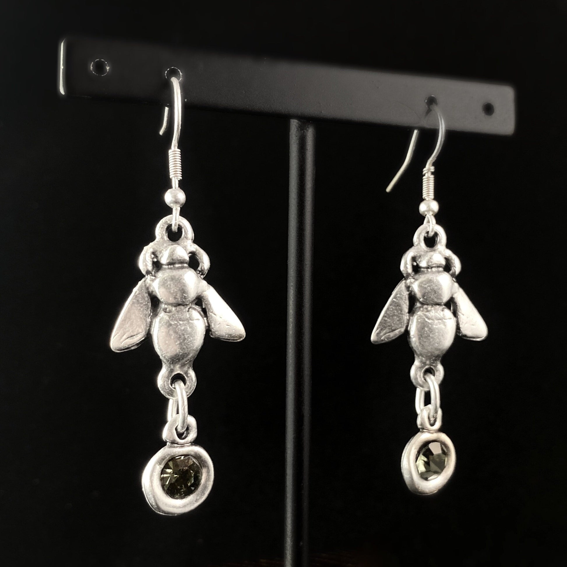 Silver Honey Bee Drop Earrings with Crystal Detailing, Handmade, Nickel Free - Elegant Minimalist Jewelry for Women