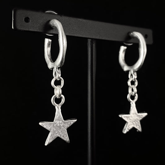 Silver Hoop and Star Earrings, Handmade, Nickel Free - Noir