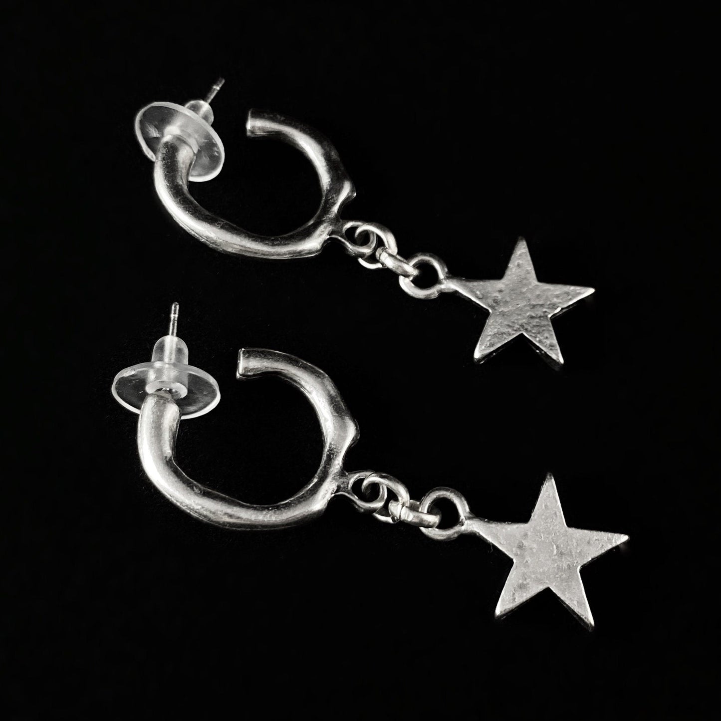 Silver Hoop and Star Earrings, Handmade, Nickel Free - Noir