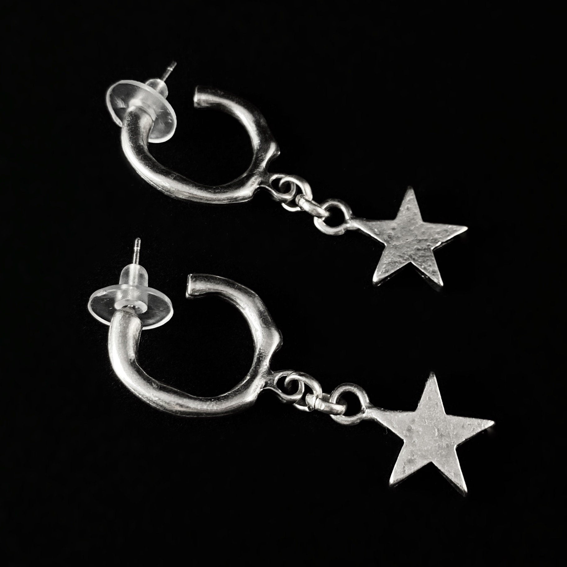 Silver Hoop and Star Earrings, Handmade, Nickel Free - Noir