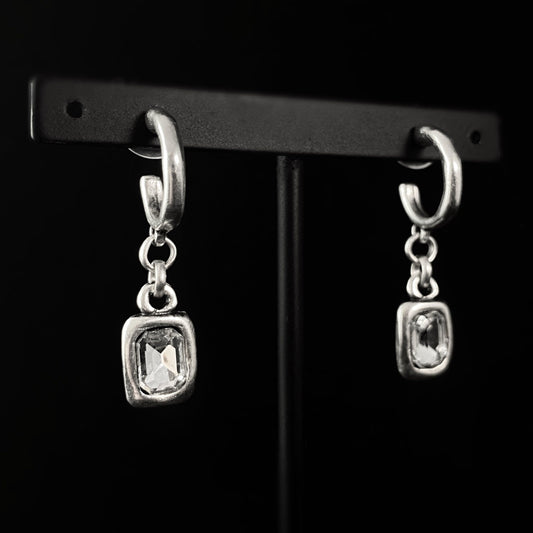 Silver Hoop Drop Earrings With Emerald Cut Clear Crystal Charm Accent, Handmade, Nickel Free -Noir