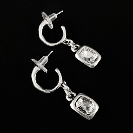 Silver Hoop Drop Earrings With Emerald Cut Clear Crystal Charm Accent, Handmade, Nickel Free -Noir