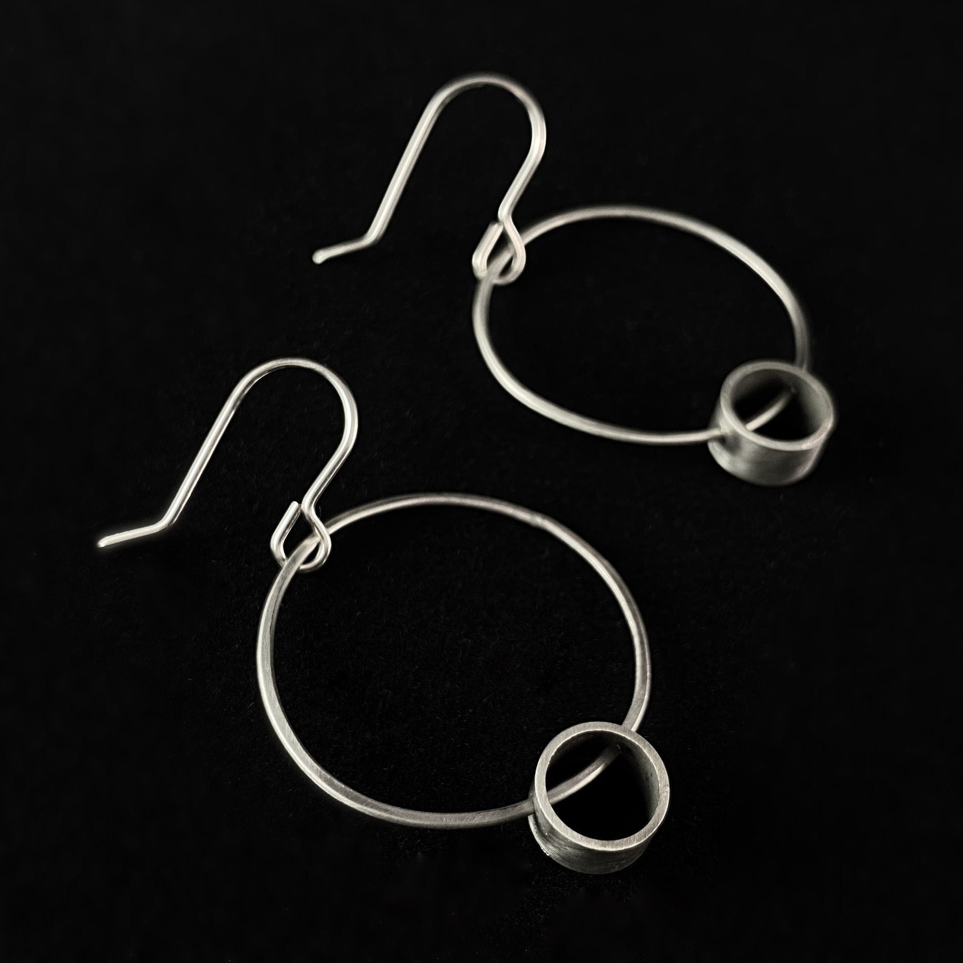 Silver Hoop Earrings with Small Circle Detail, Handmade - Recycled Materials